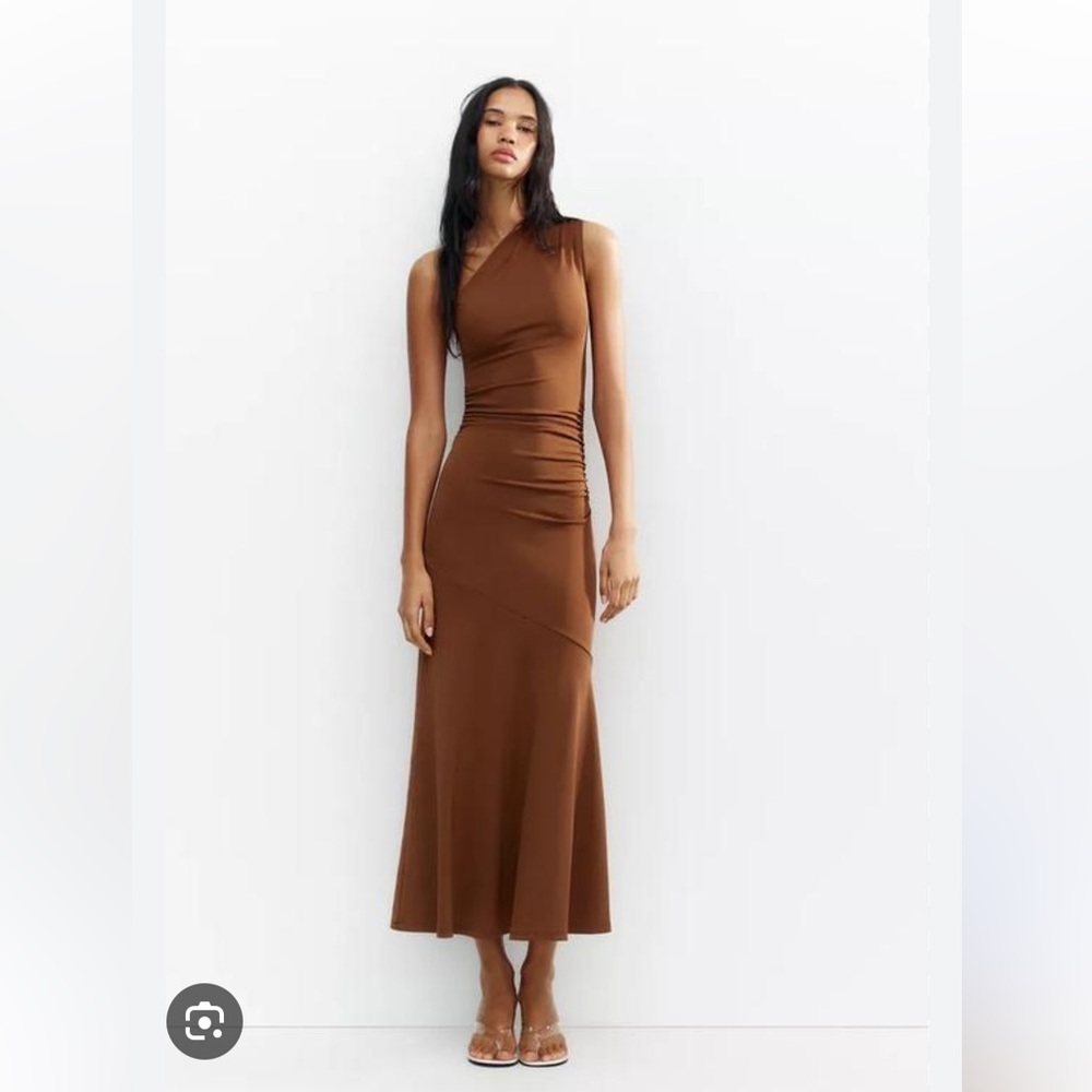 Zara Chocolate Brown Asymmetrical One-Shoulder Maxi Dress